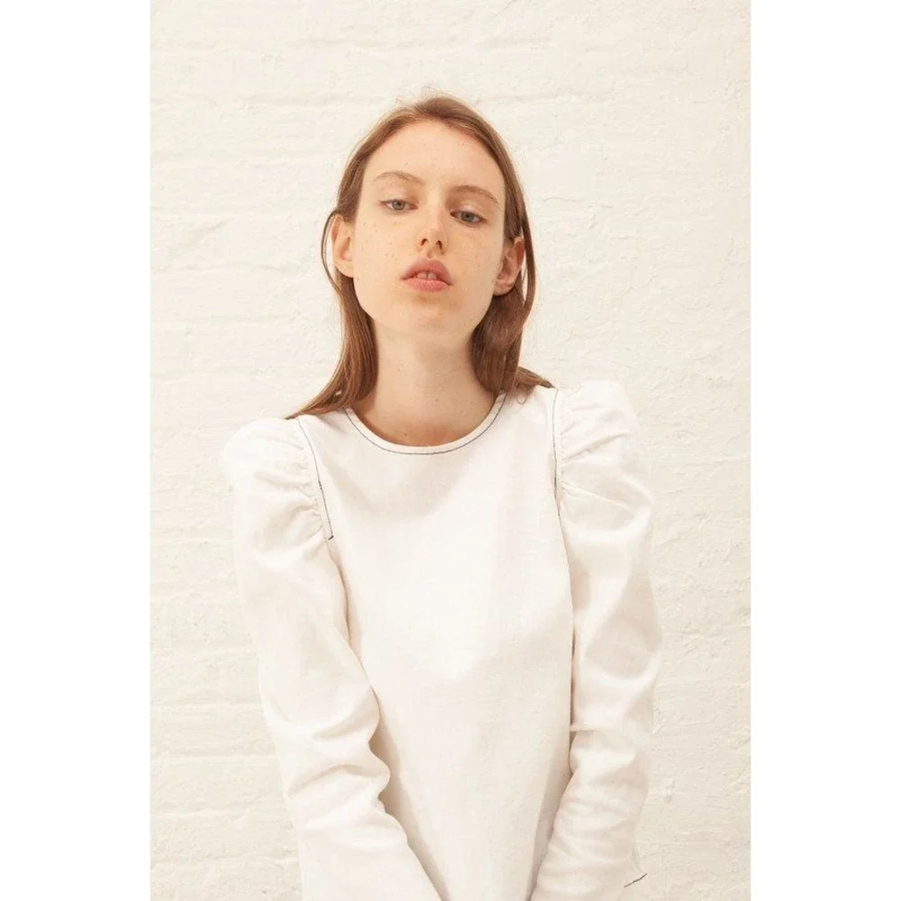 Ulla Johnson Finn Blouse Top 10 White Denim Puff Sleeve Contrast Stitch Minimal
